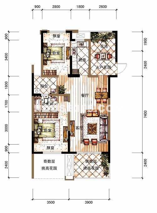 保利东湾B-3户型93平米两室两厅一卫